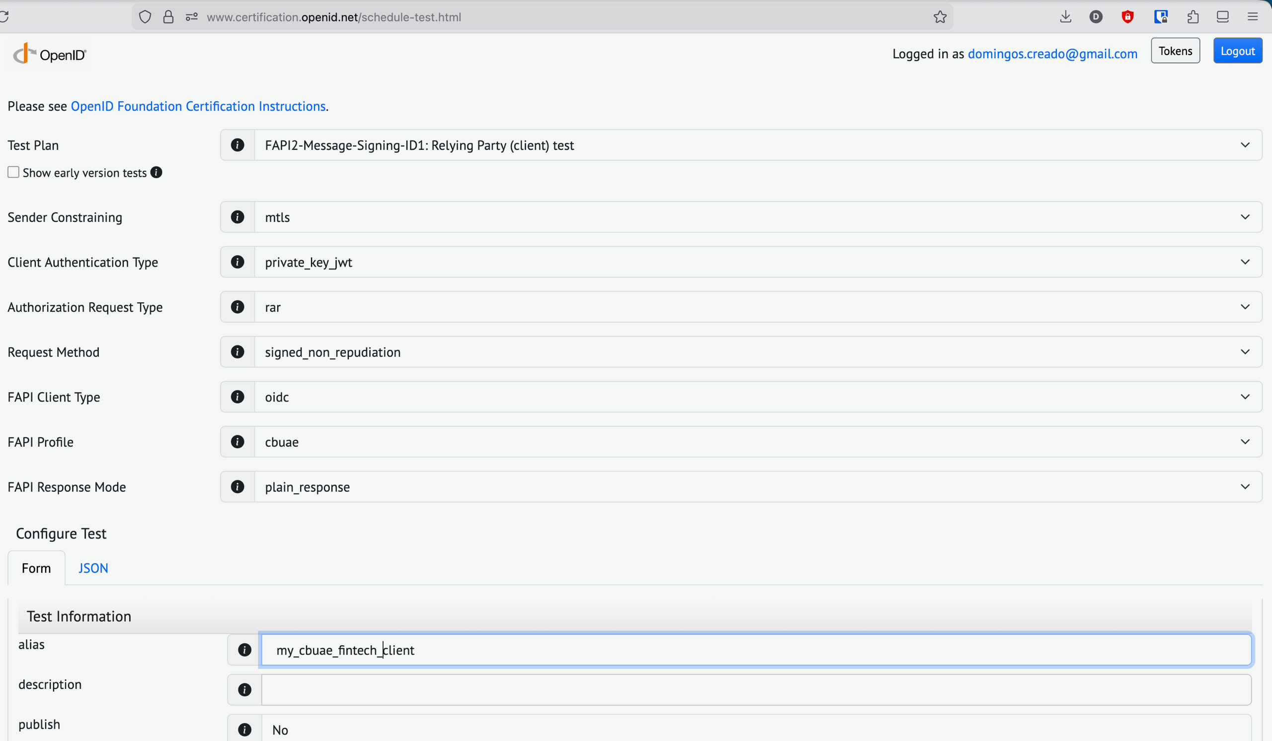OIDF Conformance Suite test configuration for CBUAE FAPI 2.0 RP Message Signing ID1
