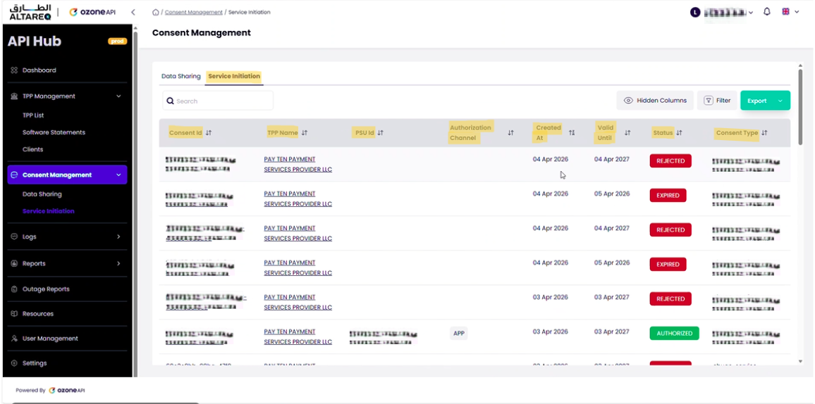 Consent Management page showing consent list with filters