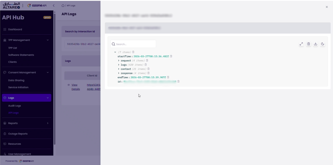 API Log detail view showing the sequence of log entries for a single x-fapi-interaction-id, including request headers and processing steps