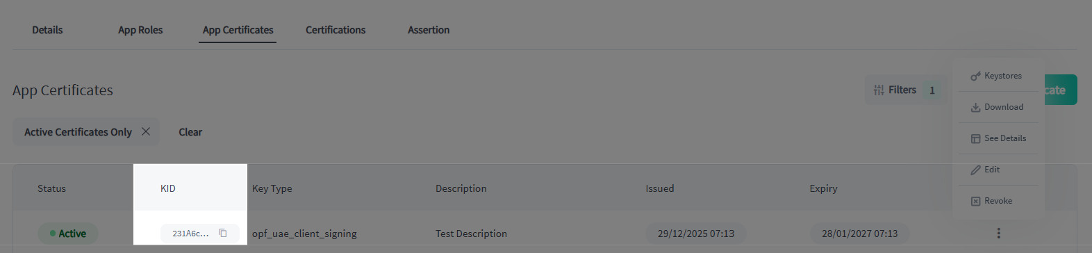 Key ID (kid) location on the certificate detail page in the Trust Framework